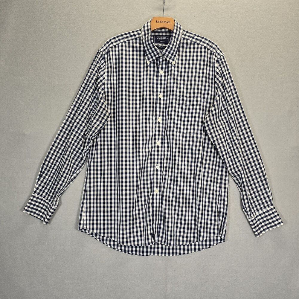 Charles Tyrwhitt Mens L Slim Fit Blue White Plaid Button Down Long Sleeve Shirt